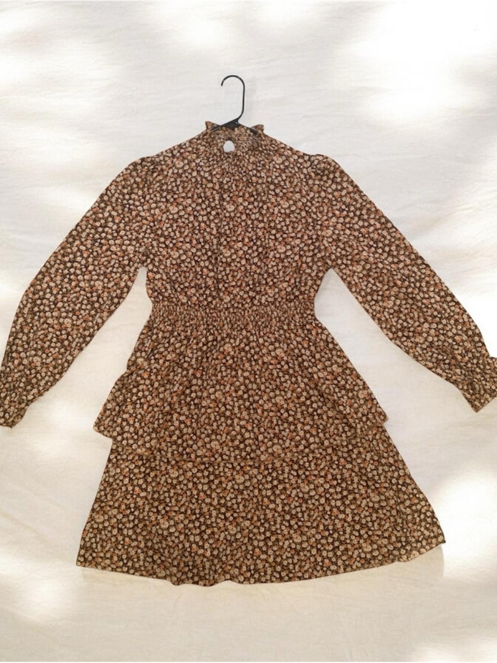 Cupshe Floral Tiered Long Sleeve Dress - Brown Floral Print